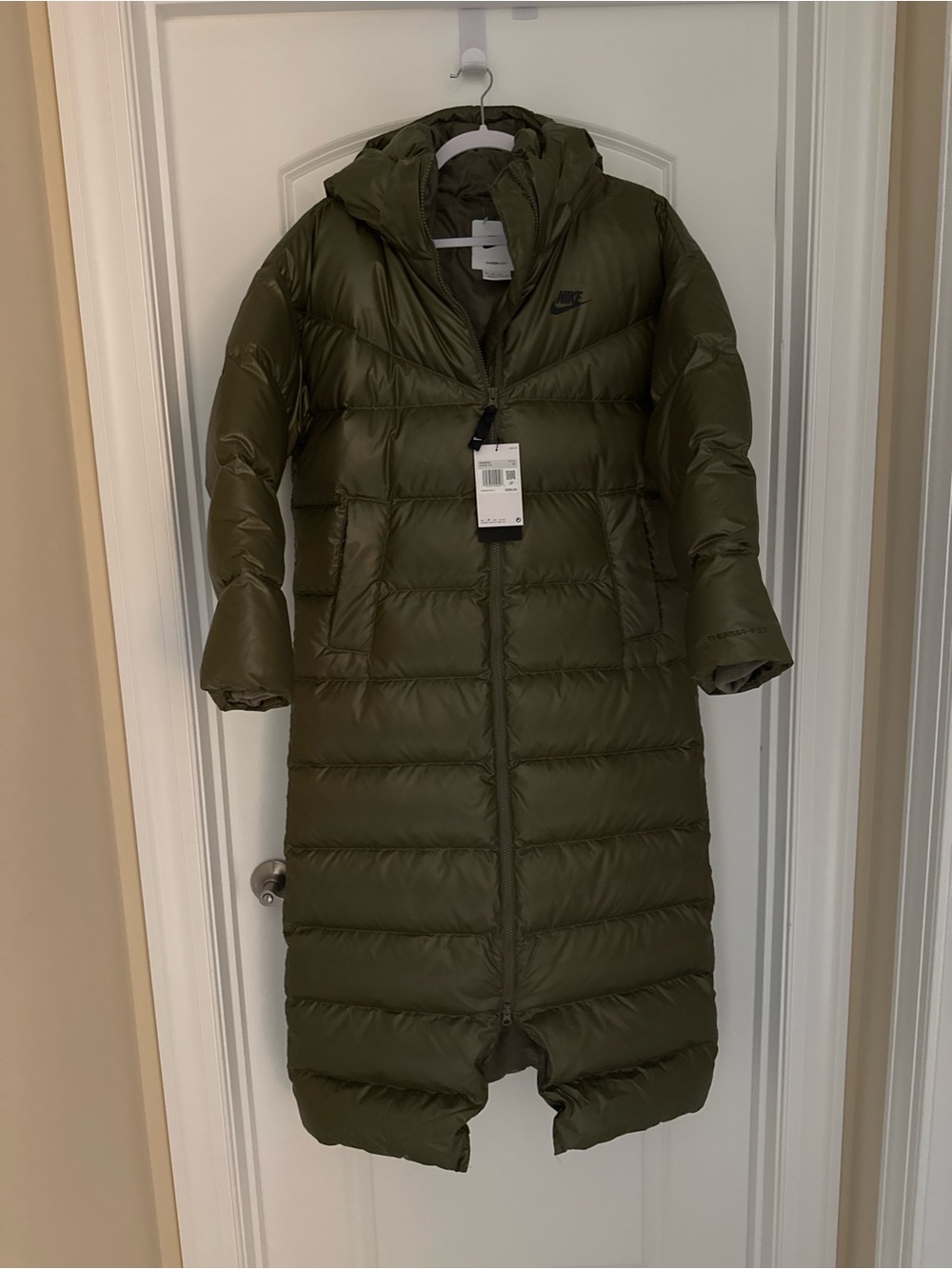 Nike Olive Green Long Puffer Coat with Hood